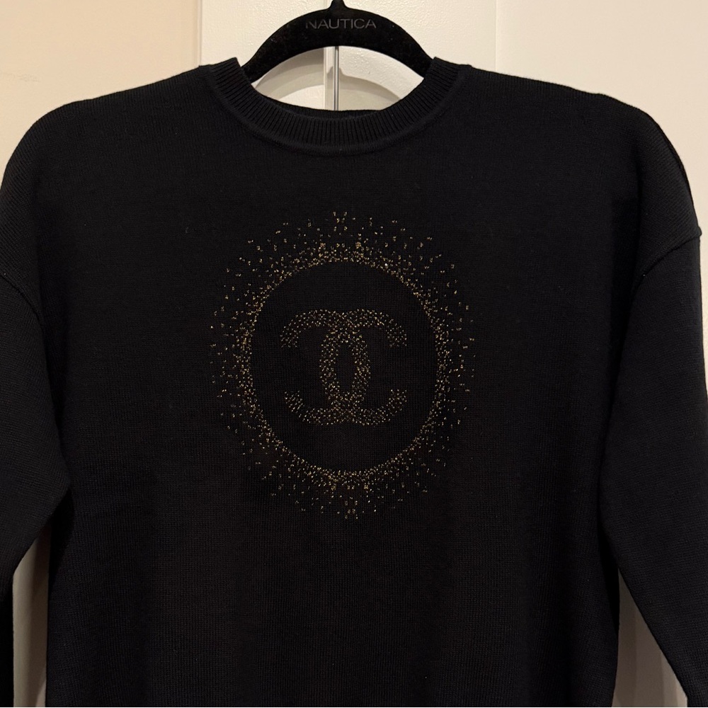 CHANEL Uniform Black Cotton Sweater W Gold Metallic CC Logo Size S designer NEW - Picture 3 of 13